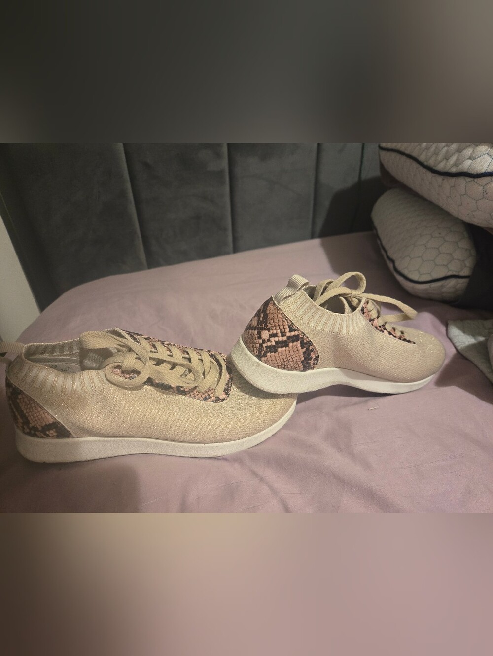 Neutral Pink Knit Slip-On Sneakers with Snake-Accent